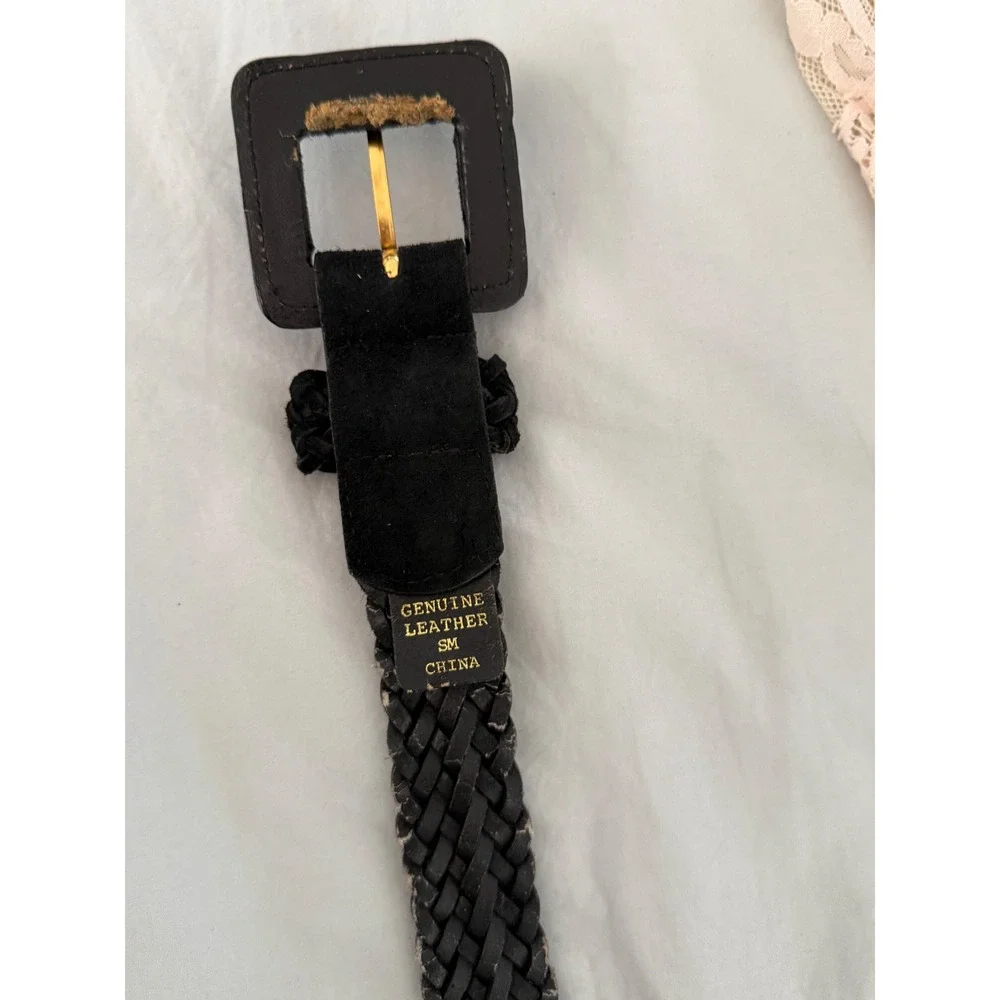 Black Braided Genuine Leather Belt S/M Square Buckle Vintage Equestria